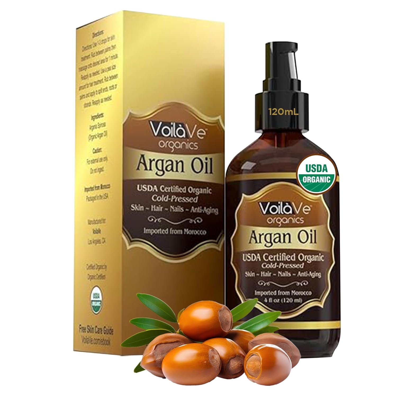 VoilaVe Organic Moroccan Argan Oil - Cold Pressed Anti-Aging Moisturizer for Skin, Hair & Nails | 4 fl oz