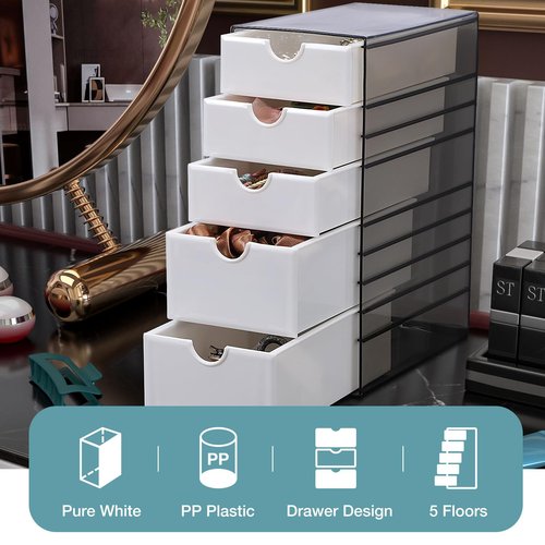 Hair Accessories Organizer with Removable Drawer, Large Capacity Desk Organizer Box with Stackable Cases, Hair Styling Storage Box for Hair Ties, Clips&Pins, 5-Tier Plastic Containers, Clear Black