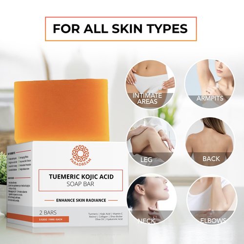 Kojic Acid Soap and Loofah Sponge Set: Soap Bar with Turmeric, Vitamin C, Retinol, Hyaluronic Acid, Vitamin E, Shea Butter, Olive Oil - 2 Pack Soap and 1 Pack Spooge