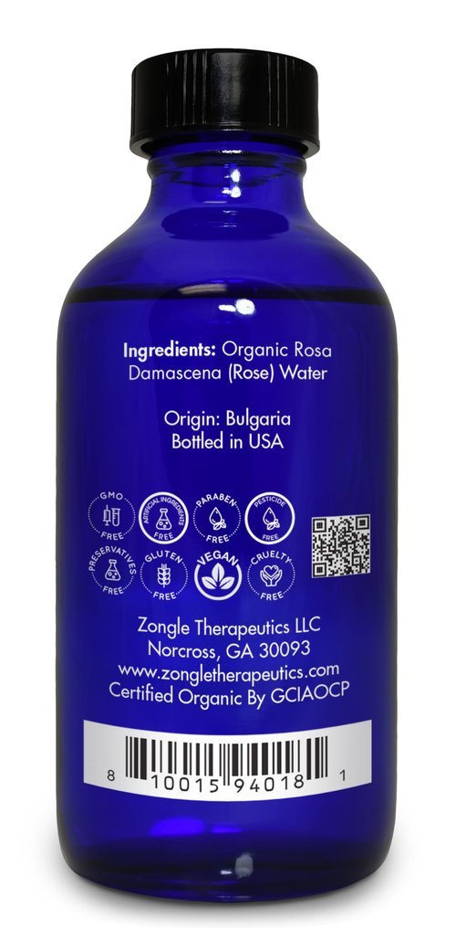 Organic, Rose Water, Spray for Face, Hyderating Toner – 100% Pure, Rose Water, by Zongle Therapeutics Grade, 4 Oz