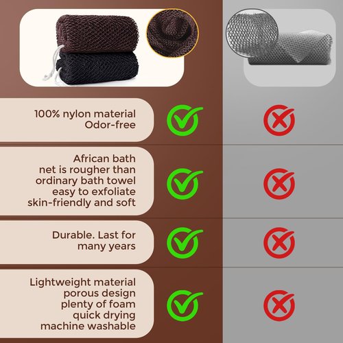 2 Pieces African Net Sponge Authentic, Durable Back Scrubber Washcloth for Shower, Exfoliating Net Sponge for All Skin, Bathing Accessories for Women (2 Pack (Black and Brown))