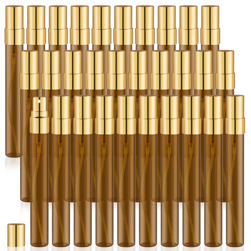 30 Pack Empty Mini Glass Spray Bottle Refillable Fine Mist Perfume Atomizer Portable Travel Sample Spray Bottles Containers For Perfume Essential Oils Cosmetics Liquid (amber bottle, 10ml)