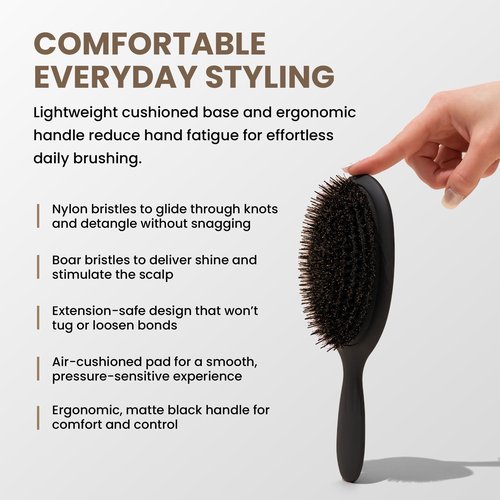 TONY ODISHO Professional Paddle Hair Brush – Cushion Brush with Tourmaline Nylon and First Cut Boar Bristles for Gentle Detangling & Natural Shine (Black, Large)