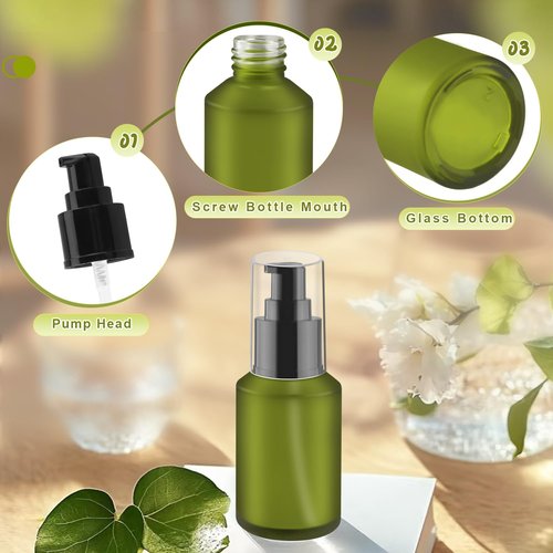 6 Pcs Frosted Green Glass Pump Bottle Empty Lotion Foundation Container Cosmetic Dispenser with Press Pump for Essence Lotion - 30ml/1oz