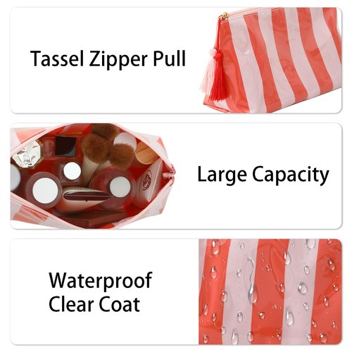 DYSHAYEN Makeup Bags for Purse,Small Clear Coated Cosmetic Bags for Women Girls, Waterproof Travel Organizer Zipper Pouch Beach Vacation Essentials (Pink-Orange)