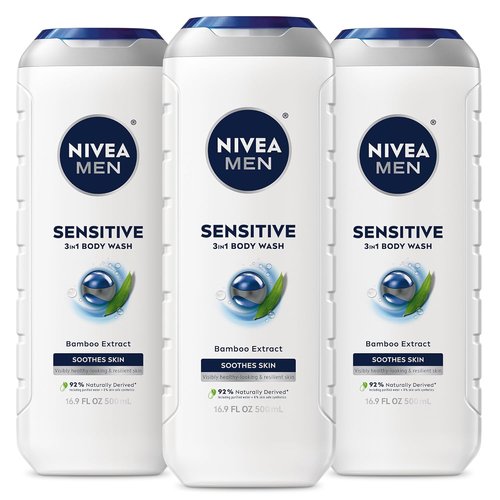NIVEA MEN Sensitive Body Wash - Moisturizing Bamboo Extract Formula for Sensitive Skin | 16.9 Fl Oz, Pack of 3
