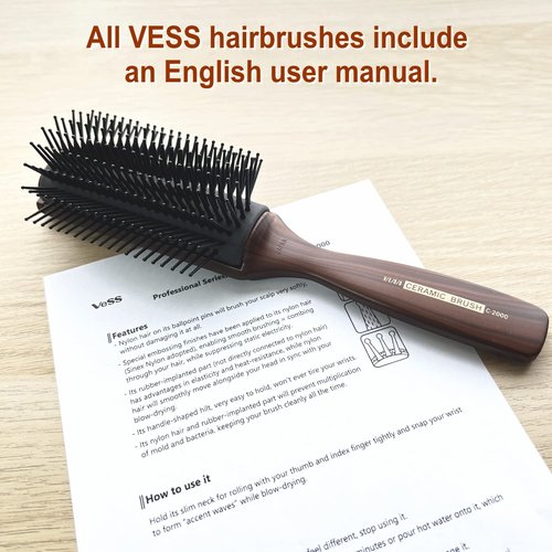 Vess C-2000 Professional Hair Brush - Tourmaline Ceramic, Anti-Static, 9 Row Curved Design