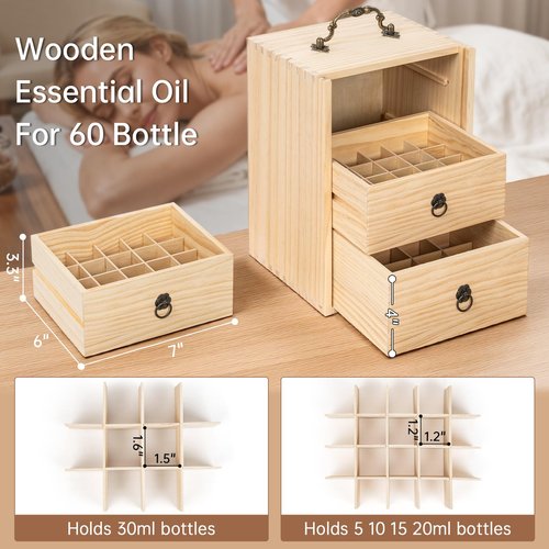 TORIBIO Essential Oils Box for 60 Bottles, Wooden Essential Oils Storage Organizer Holds 5 10 15 20 30 ml for Young Living & Doterra Bottles