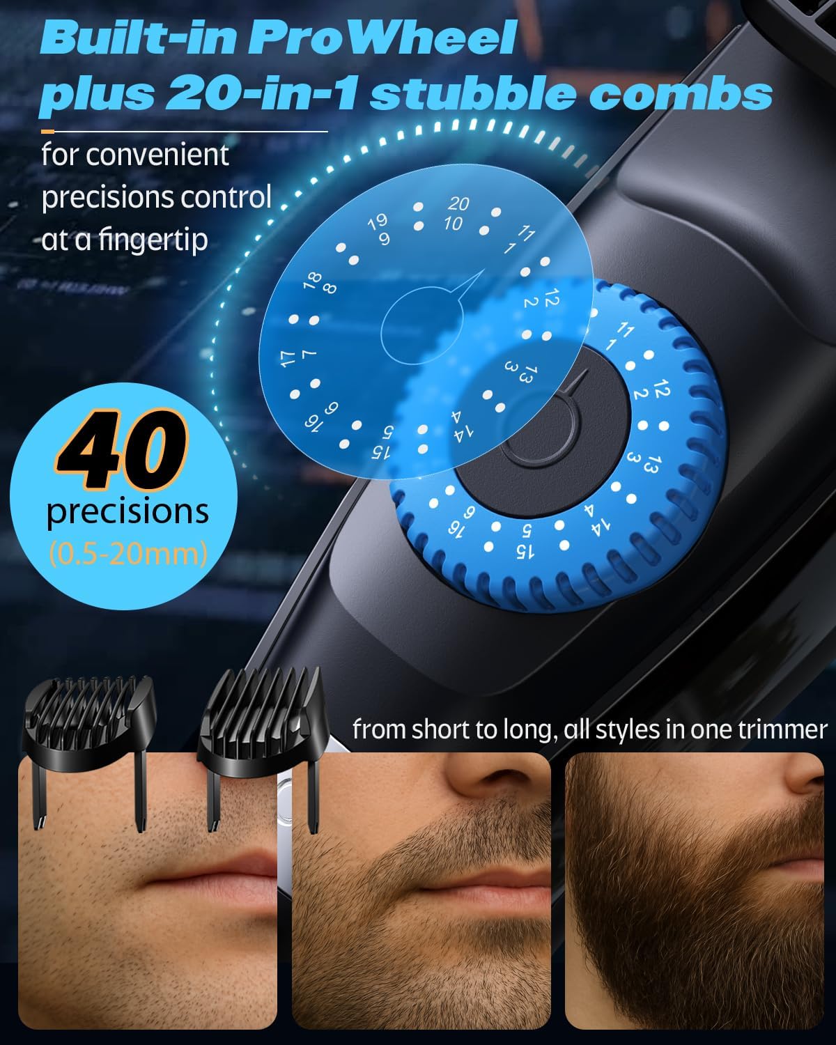 Voukad Beard Trimmer for Men, 120-Min Cordless Runtime, 0.5mm Precision Dial (40 Settings) - Constant Power Motor & IPX7 Waterproof Hair Clipper Kit with Detailer & Nose Trimmer, USB-C Quick Charge
