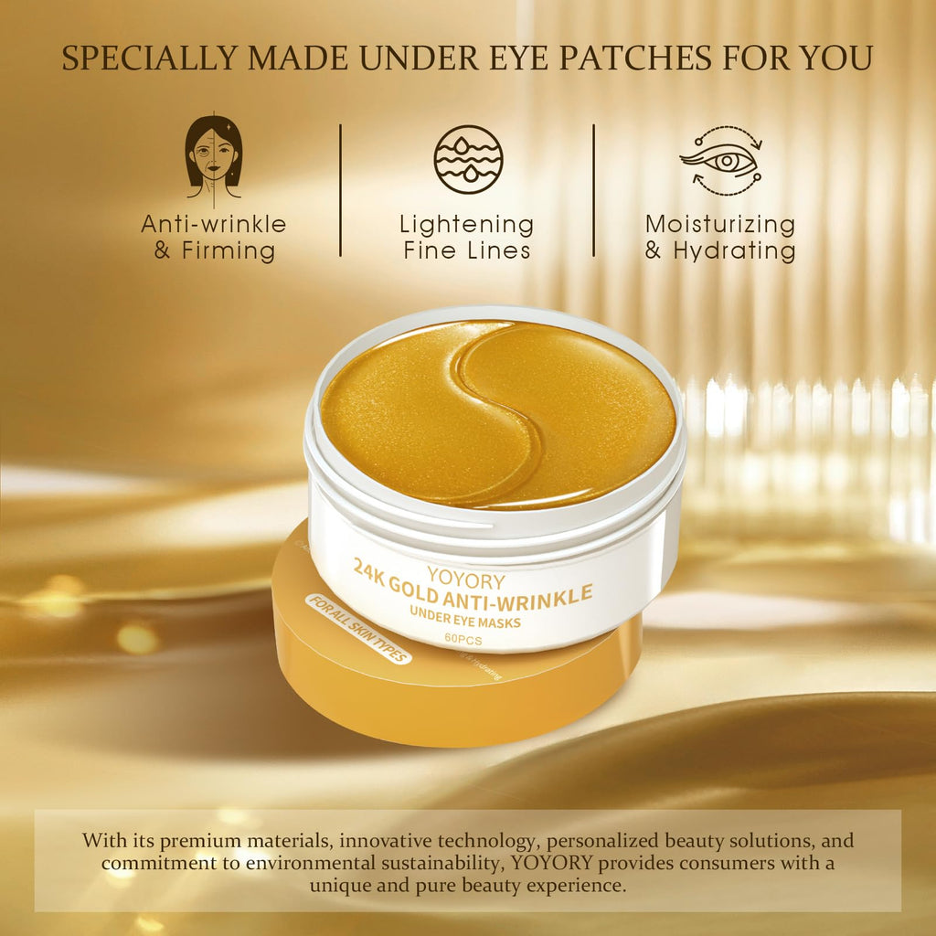 YOYORY Under Eye Patches Masks - 24K Gold Eye Patch for Dark Circles & Puffy Eyesg,Fine Lines,Eye Bags, Wrinkle,Contains Caffeine and Collagen, Hydration for Women and Men, (60 Pcs) Gold