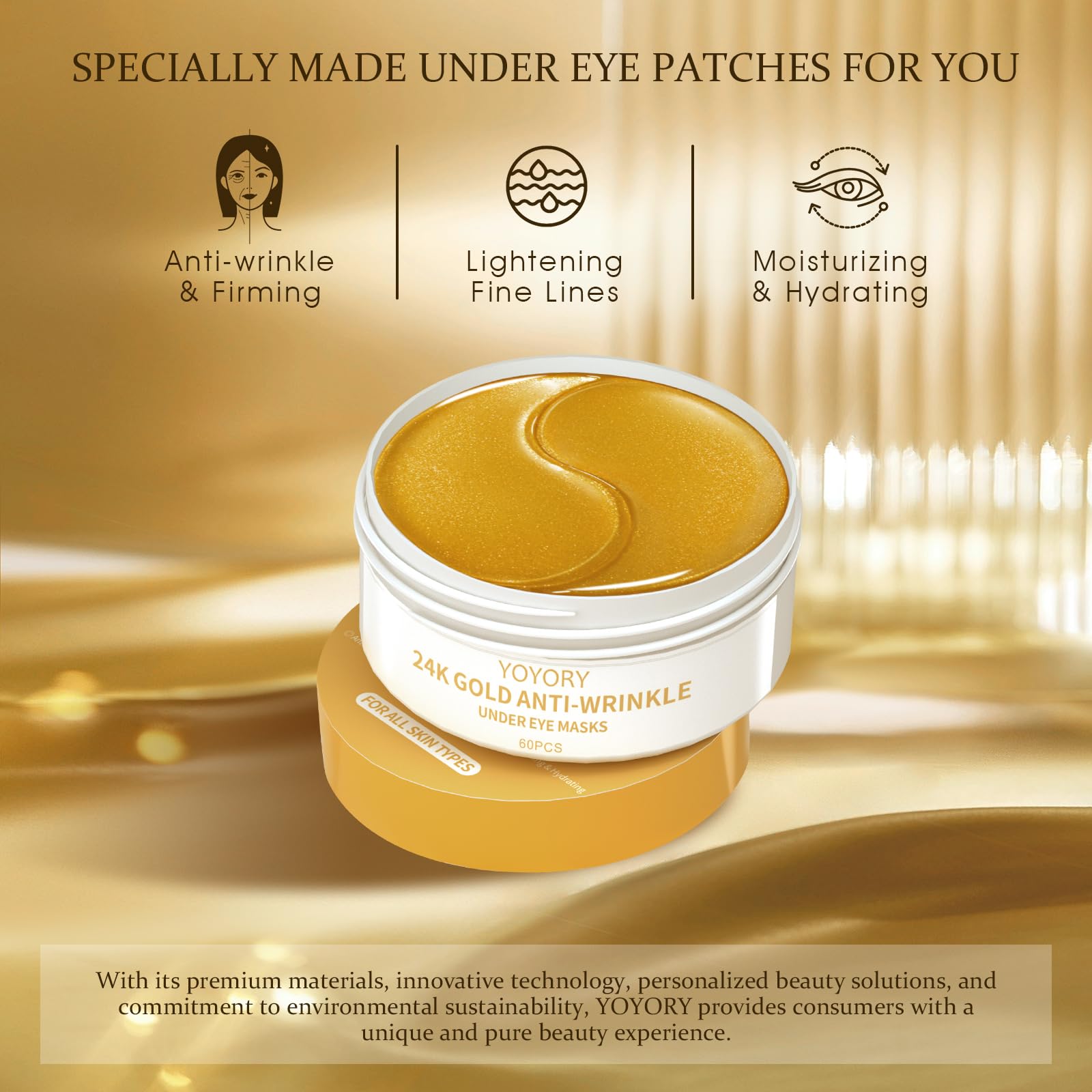YOYORY Under Eye Patches Masks - 24K Gold Eye Patch for Dark Circles & Puffy Eyesg,Fine Lines,Eye Bags, Wrinkle,Contains Caffeine and Collagen, Hydration for Women and Men, (60 Pcs) Gold