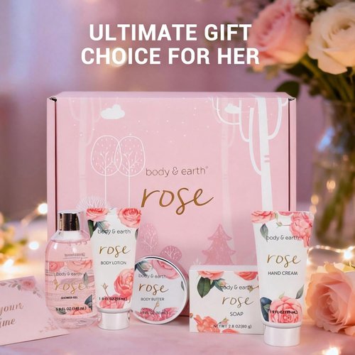 BODY & EARTH Spa Gift Set for Women - Luxurious 5 Pcs Bath and Body Spa Gift Box, Rose Scent, Includes Body Wash, Body Butter, Body Lotion and More, Birthday Valentines Galentines Day Gifts for Her