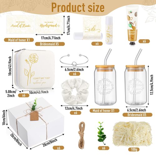 Teenyyou 60 Pcs Bridesmaid Proposal Gifts Bridesmaid Box Set Maid of Honor Gifts Wedding Bridal Shower Include Jewelry Box Glass Cup Scrunchies Hair Knotted Bracelets Hand Cream Lip Balm Cards (White)