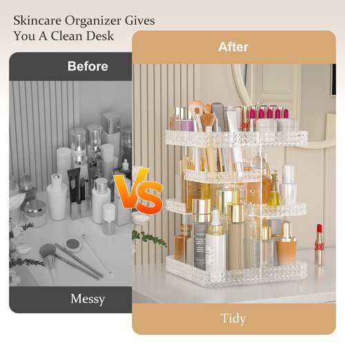 HEMTROY Rotating Makeup Organizer with Makeup Brush Holder, Large Capacity Perfume Organizer for Vanity Countertop, Acrylic Skincare Organizers Spinning Holder Storage Rack (Clear)