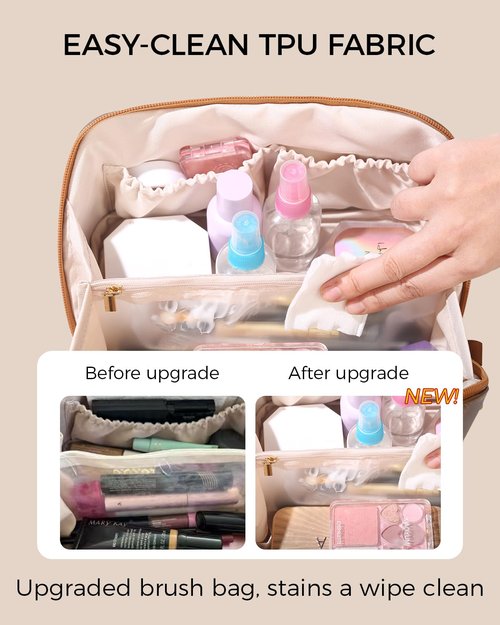 Lucatherine Travel Makeup Bag Organizer with TSA Approved Clear Pouch, Large Capacity Cosmetic Case with 180° Wide Open Design, Portable Toiletry Bag with Dividers for Brushes & Toiletries
