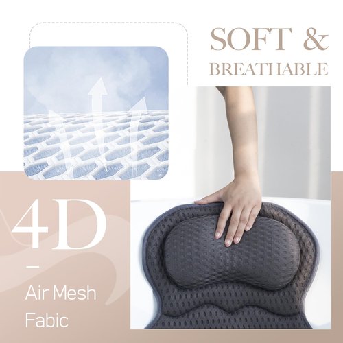 Bath Pillows for Tub Luxury, Bath Pillow for Head and Neck, Fit Bathtub Hot Tub Relaxing Gifts for Women, Comfort 4D Air Mesh Fabric & 6 Non-Slip Suction Cups (Gray)