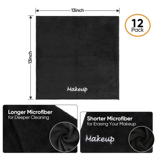 UNIMADE Makeup Remover Cloth, 12 Pack Black Facial Wash Cloths, Soft Coral Fleece Microfiber Towels for Face, Hand, and Bathroom(13" x 13")