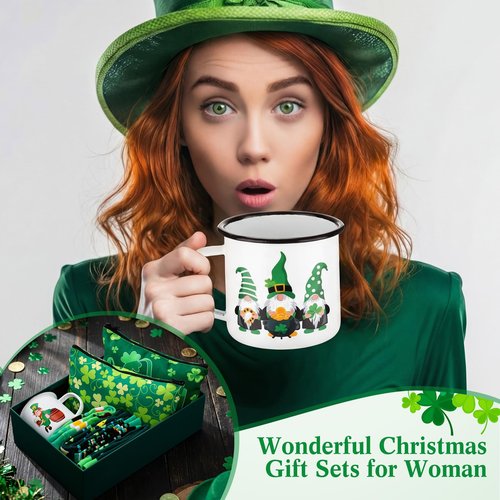 Singhoow 18 Pcs St Patrick's Day Gifts Set Happy St Patrick's Day Enamel Mugs Irish Shamrock Lucky Makeup Bags Green Clover Socks Bulk Party Favors Supplies for Women Coworkers Saint Patty's Decor
