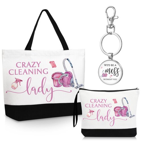 Kacctyen 3 Pcs Housekeeping Appreciation Gift, Housekeeping Week Tote Bag Cosmetic Makeup Bag Cleaning Keychain for Cleaning Service Staff Coworker