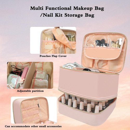 LIVEBAY Nail Polish Organizer Case, Double-Layer Nail Supplies Organizer Holds 30 Bottles & Nail Lamp, Professional Nail Kit Storage Makeup Carrying Case (Pink)