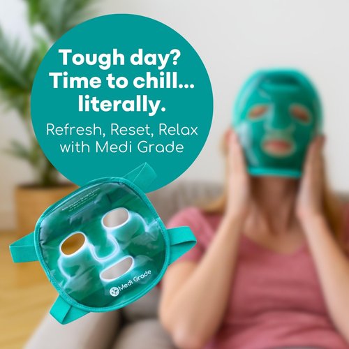 Medi Grade Cooling Gel Face Mask with 1 Lycra Fabric Mask and Storage Pouch - Soothing Gel Face Mask for Dark Circles and Puffiness - Cold Full Face Gel Mask Relaxation