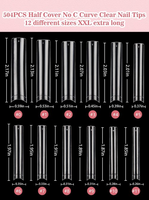 Quaferen Clear Square Nail Tips, 504PCS 3XL Long No C Curve Nail Tips, Half Cover Flat Tapered Square Straight Gel Acrylic Tips False Nails for DIY Salon Home