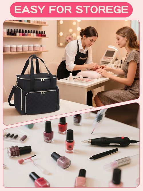 Nail Polish Organizer Case Holds 96 Bottles (15ml/0.5 fl.oz) and a Nail Dryer,Gel Polish Case Bag with 2 Removable Pouches,Nail Supplies Organizer for Nail Technicians & DIY Manicure Lovers,Black