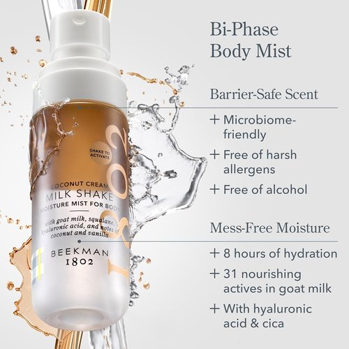 Beekman 1802 Milk Shake Hydrating Body Mist - Alcohol-Free Moisture with Goat Milk & Hyaluronic Acid | Coconut Cream, 2 Fl Oz