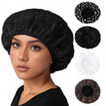 QFE 4PCS Shower Cap for Women Terry Lined Waterproof Reusable Long Hair Cover for Swimming Elastic Band Large Wide Bathing Bath Accessories Shower Caps for Women and Men to Keep Hair Dry Black White