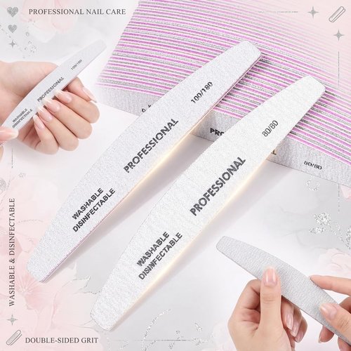 Klimonla 25PCS Professional Half Moon Emery Board Nail Files, 100/180Grit Dual-Sided Buffer, Reusable Nail Filing Tools for Natural & Acrylic Nails, Home & Salon Manicure Supplies