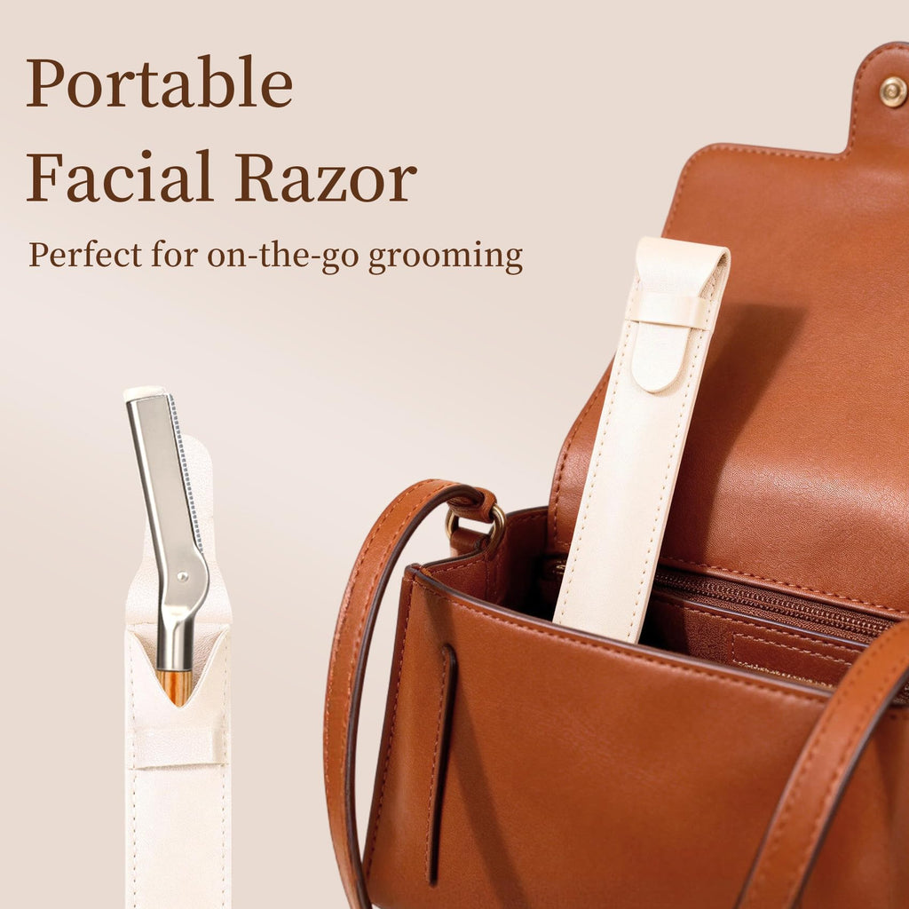 ZiLORA EyeBrow Razor with Safety Mesh Guard – Wooden Handle Eyebrow Trimmer for Women & Men, Includes 8 Replacement Blades & Leather Pouch for Peach Fuzz, Lip Hair & Brow Shaping