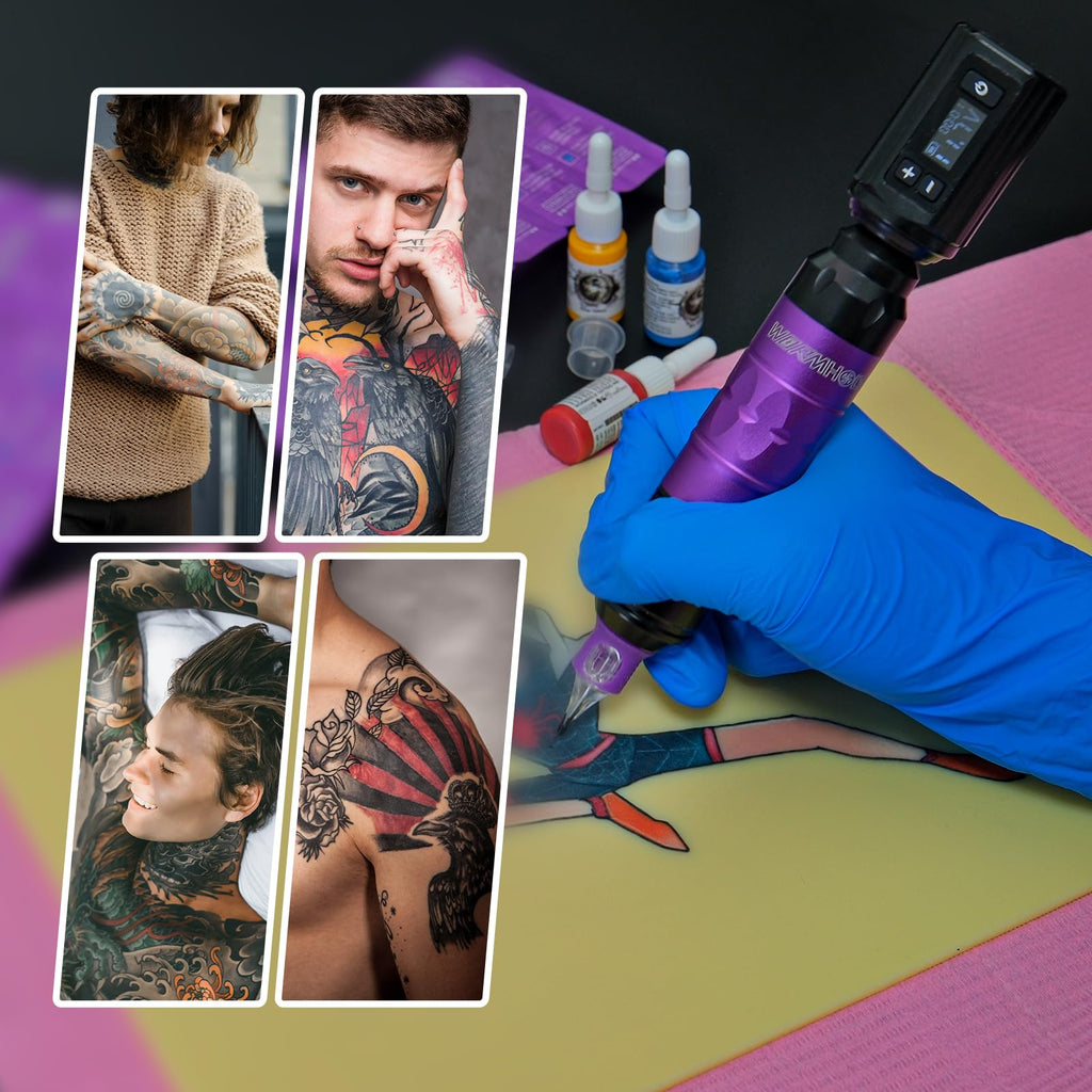 Wormhole Tattoo Gun Tattoo Kit with Wireless Tattoo Machine, 2PCS 1,200mAh Capacity Tattoo Batteries, 20 Cartridge Needles with Finger Ledge, Ink Color Set for Artists-Purple