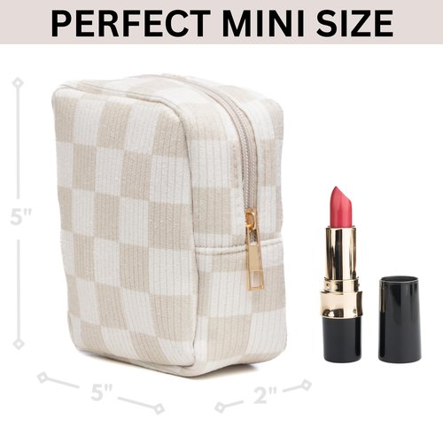 Vessara Mini Makeup Bag, Small Makeup Bag for Purse, Small Cosmetic Bag for Purse, Small Cosmetic Bag, Checkered Pouch, Cute Mini Pouch, Small Medecine Bag, Makeup Bag Small (Beige)