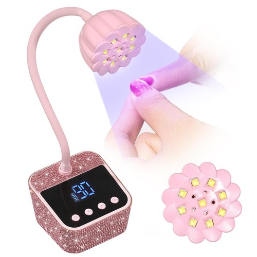 CHRISTINE SHELLY UV Nail Lamp, Mini UV Light for Gel Nails Polish, Rechargeable Nail Dryer with 4 Timers, Quick Drying Cordless Goosenecks Home Nail Salon DIY Manicure Pink Diamond
