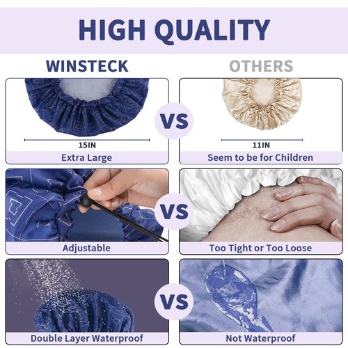 3 PCS Shower Caps for Women, Upgrade Comfortable & Extra Large & Double Layers Waterproof Bath Cap, Oversized Designed Adjustable Hem Hair Cap for All Hair Lengths/Style