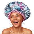 mikimini Large Shower Cap for Women Reusable Waterproof, Hair Cap for Shower with Double Layers, Tropic Style Hair Cover with Elastic Band for Shower suit for Long Hair, Braids