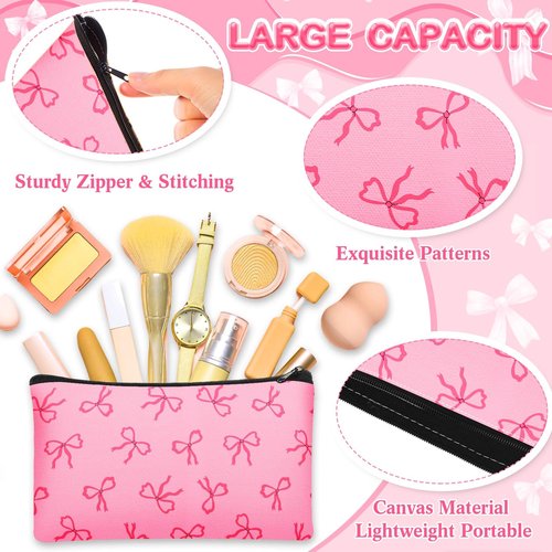SilTriangle 24 Pieces Funny Cosmetic Bags Bulk Make up Bags Zipper Canvas Purse Organizer Pouch Portable Travel Toiletry Pouch for Women Inspirational Gifts, 7 x 4 Inch(Bow)