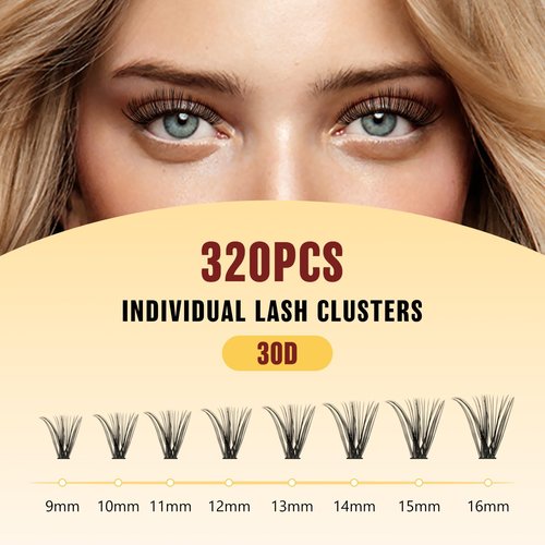 QUEWEL Lash Clusters 320Pcs Cluster Lashes 50D D Curl Lash Cluster Eyelash Extensions Mix9-16mm Individual Eyelashes Clusters Wispy Lash Clusters Thin Band Soft to Use at Home(50D D Mix9-16)