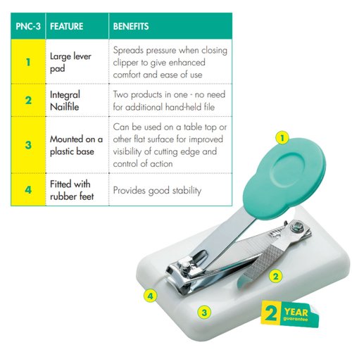 Easi-Grip Peta Table Nail Clipper PNC-3 - Mounted and Non-Slip - Plastic Base with Rubber Feet - for Anyone with Poor Hand Control, Weak Hand Strength and Tremors