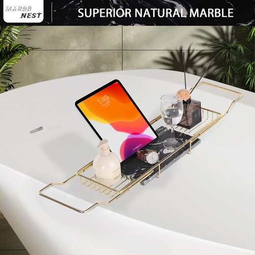 MARBBNEST Bathtub Tray Caddy for Luxury Bath Expandable Extra Wide Bath Tub Tray with Natural Marble Tray and Mobile/Tablet Stand, Ideal for Home Spa Lovers (Gold + Black)