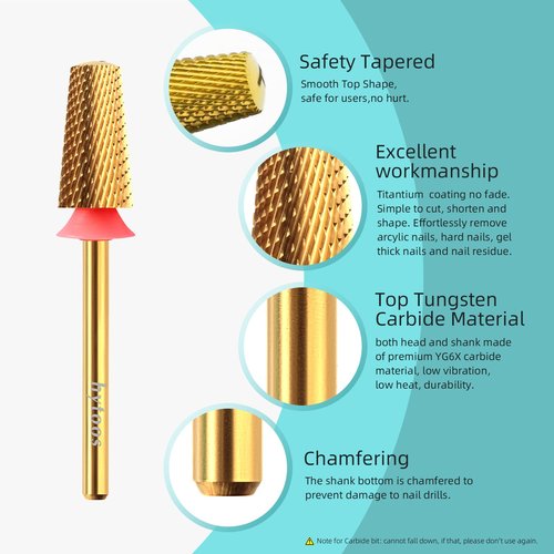 HYTOOS Fine Safety Tapered Nail Drill Bits,Titanium Coating Rounded Top Barrel Carbide Nail Bits, 3/32 Two-way Rotate, Manicure Nails Art Accessories Soft Gel Remover (F, titanium)