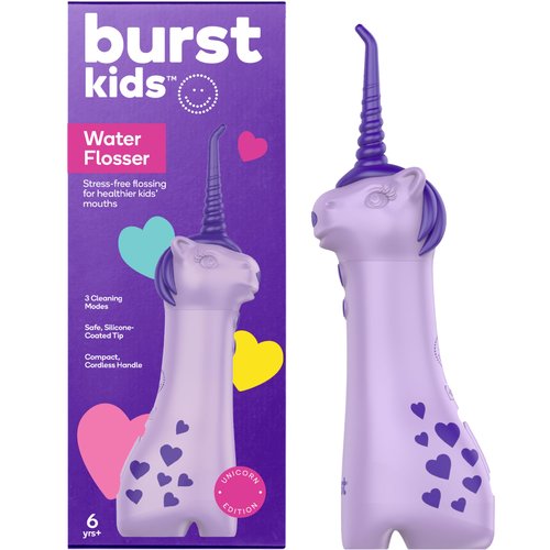 BURST Kids Water Flosser (Unicorn) | Cordless & Rechargeable Water Flosser for Teeth | 3 Gentle Pressure Modes | Silicone Safety Tip | Braces-Friendly | Fun, Kid-Safe Design | 155mL Water Tank