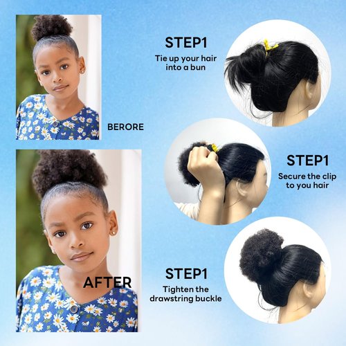 TANJET 8in Natural Black Voluminous Afro Puff - 100% Human Hair Drawstring Ponytail with 3 Non-Slip Combs | Heat-Resistant Kinky Curly Extension (8in, Natural Black 1B#)