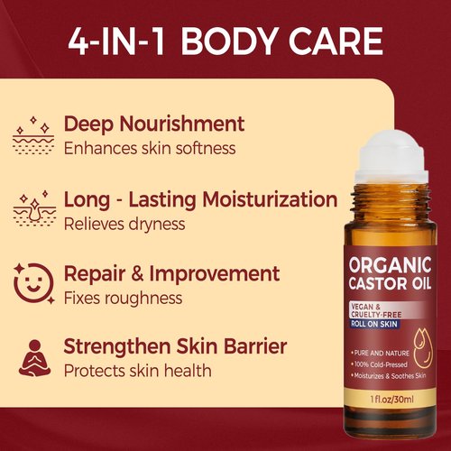 Tiepetly Castor Oil Roll on, Castor Oil Organic, 100% Pure & Cold-Pressed, Hexane Free, Moisturize Skin, Glass Bottle for Hands, joints, Waist Belly Body Skin