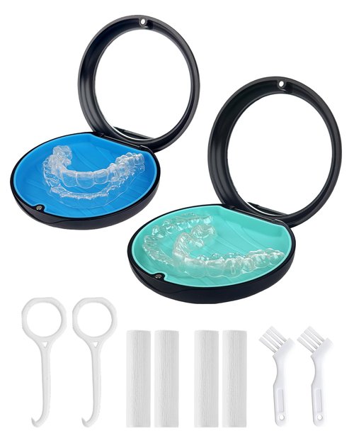 ACSKD 2 Pack Retainer Case with Mirror Kits, Aligner Case Compatible with Invisalign, Slim Night Guard Cases with Aligner Removal Tool, Brush and Chew, Black(Blue+Cyan Silicone)