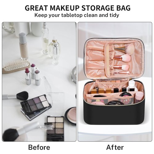 senbowe Travel Makeup Bag, Large Capacity Cosmetic Bags for Women,Portable Waterproof Leather Toiletry Bag Make Up Organizer Bag with Divider and Handle
