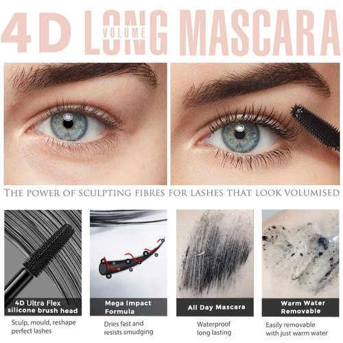 Skiennix 4D Silk Fiber Lash Mascara - Waterproof Black Volume & Length | Smudge-Proof, No Clumping, 2 Pack