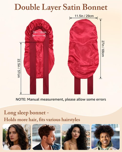 AWAYTR Long Satin Bonnet for Women - Double Layer Elastic Silk Bonnet for Braids Hair Sleeping Cap with Tie Band (Wine Red)