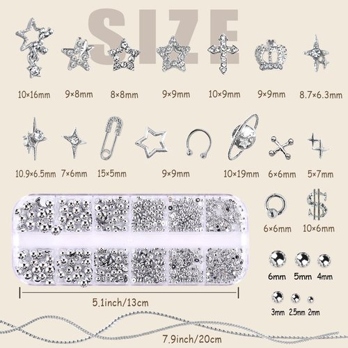 92pcs Star Nail Charms, 1 Box Silver Nail Pearls for Crafting Flat Back, Y2K Silver Metal Planet Cross for Acrylic Nail Art Rhinestones Dangling Star Nail Chains Cute Gems Manicure Decorations Bulk