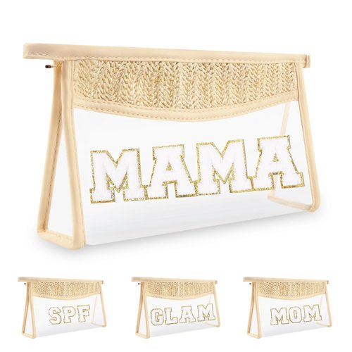 Iqimott Clear Patch Makeup Letter Bag, Boho Letter Bag for Beach Swim, Waterproof Zipper Make up Bags Toiletry Pouch for Women Girls, Clear Letters Patch Cosmetic Bags for Travel(Mama, Beige)